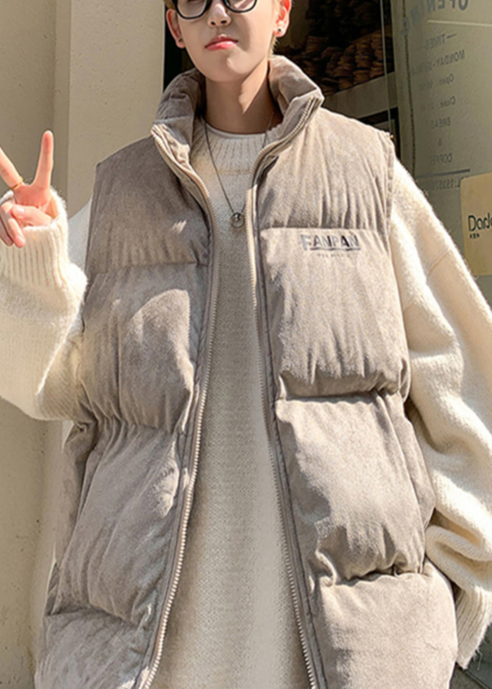 Cool Grey Oversized Letter Print Faux Suede Puffers Vests Winter