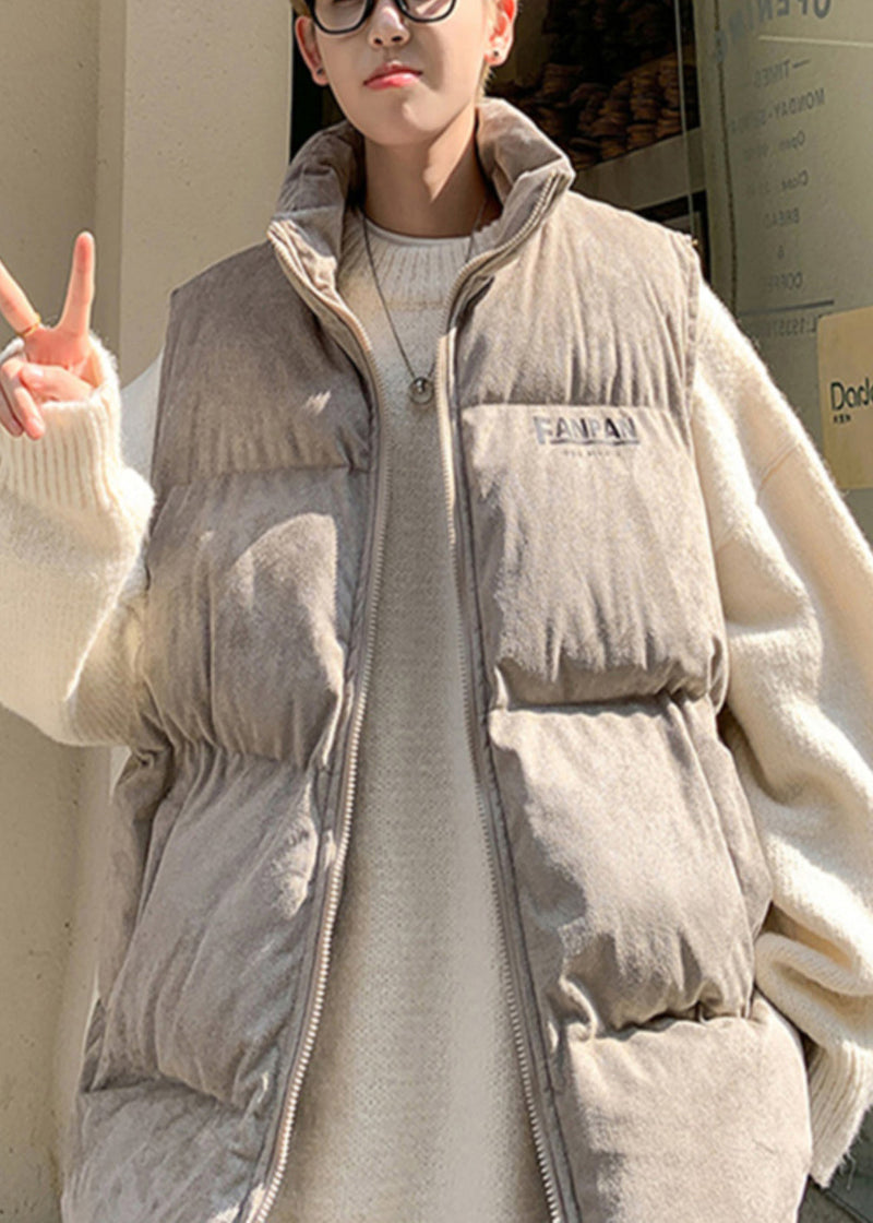 Cool Grey Oversized Letter Print Faux Suede Puffers Vests Winter