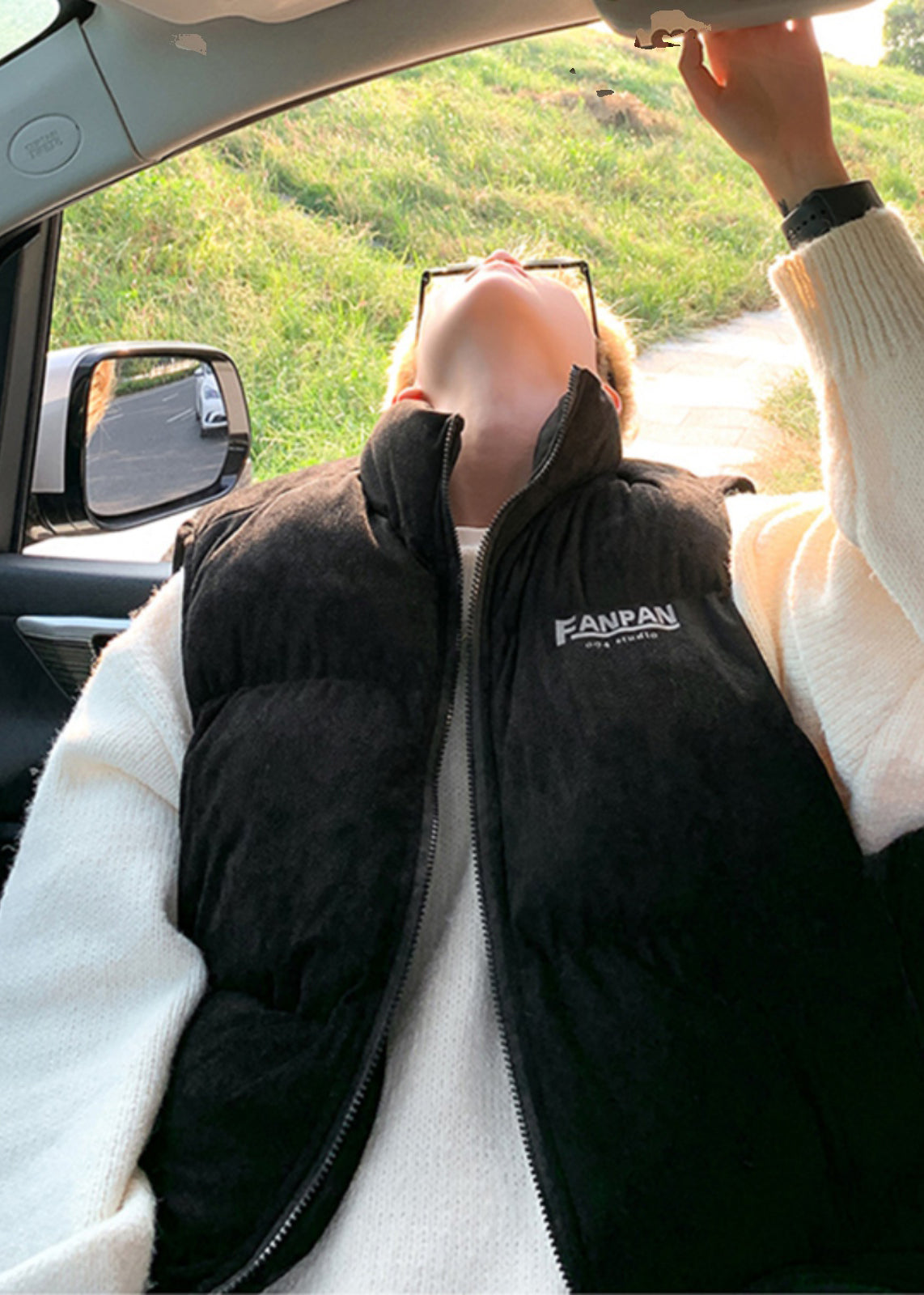Cool Grey Oversized Letter Print Faux Suede Puffers Vests Winter