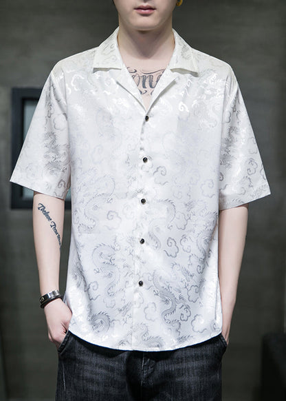 Cool Grey Peter Pan Collar Jacquard Silk Shirts Summer