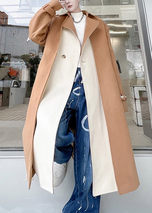 Cool Khaki Notched Tie Waist Patchwork Woolen Trench Coat Winter