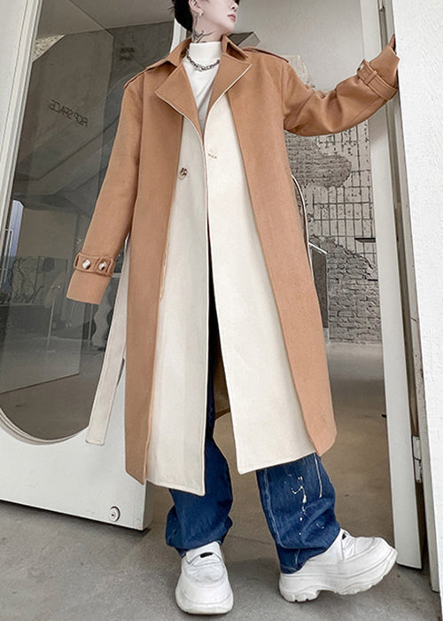 Cool Khaki Notched Tie Waist Patchwork Woolen Trench Coat Winter