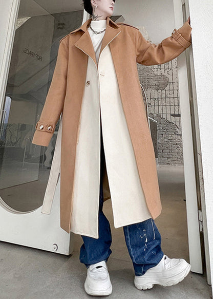 Cool Khaki Notched Tie Waist Patchwork Woolen Trench Coat Winter