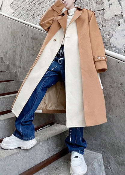 Cool Khaki Notched Tie Waist Patchwork Woolen Trench Coat Winter