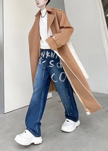 Cool Khaki Notched Tie Waist Patchwork Woolen Trench Coat Winter