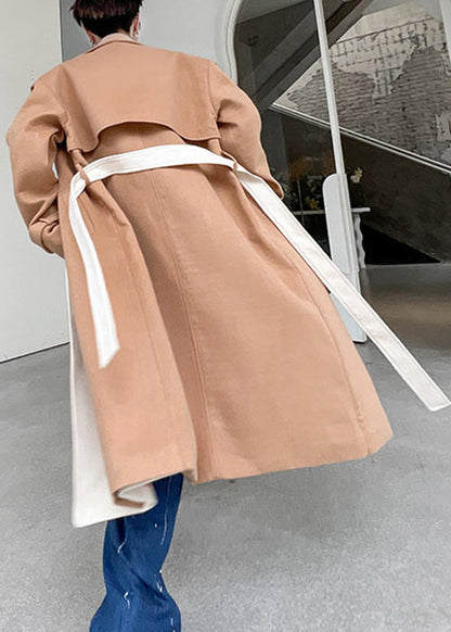 Cool Khaki Notched Tie Waist Patchwork Woolen Trench Coat Winter
