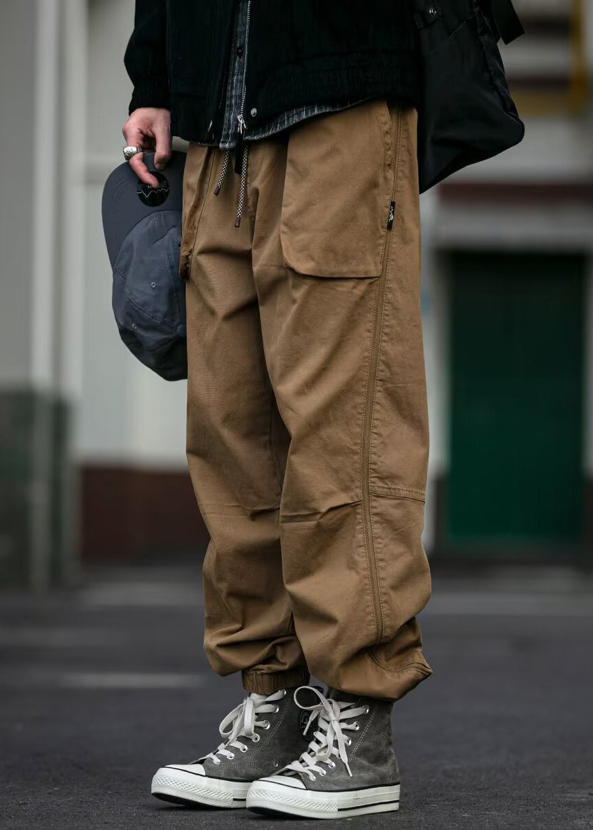 Cool Khaki Pockets Elastic Waist Cotton Beam Pants Spring