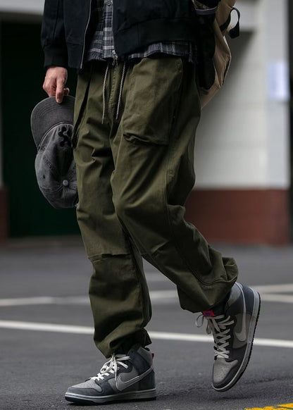 Cool Khaki Pockets Elastic Waist Cotton Beam Pants Spring
