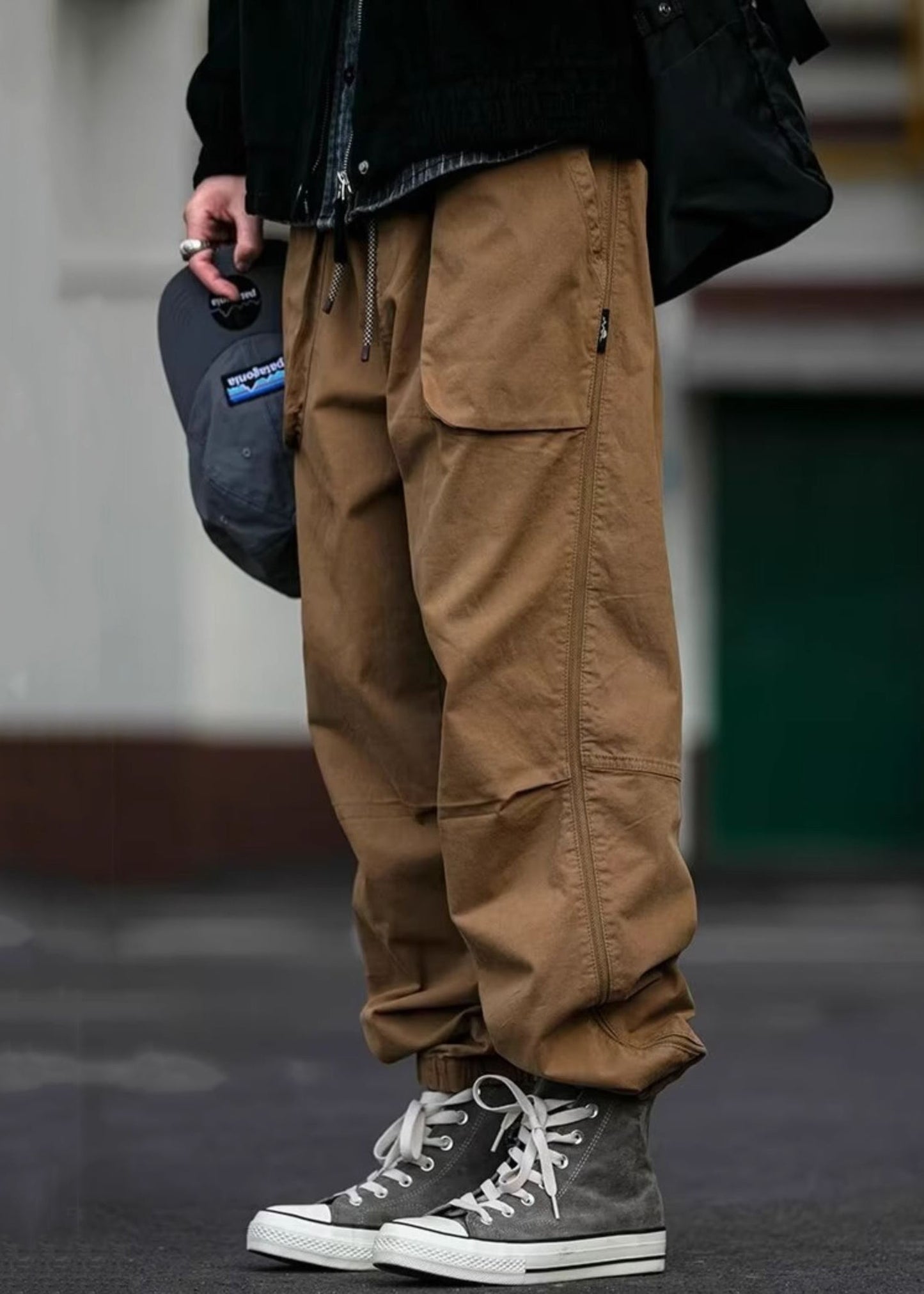Cool Khaki Pockets Elastic Waist Cotton Beam Pants Spring