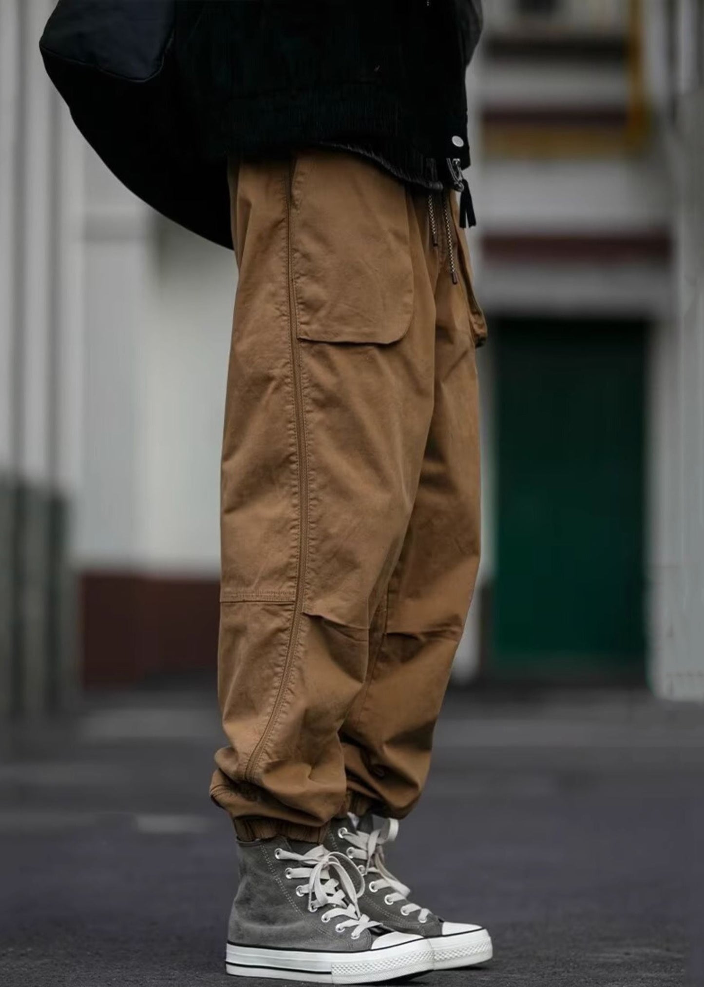 Cool Khaki Pockets Elastic Waist Cotton Beam Pants Spring