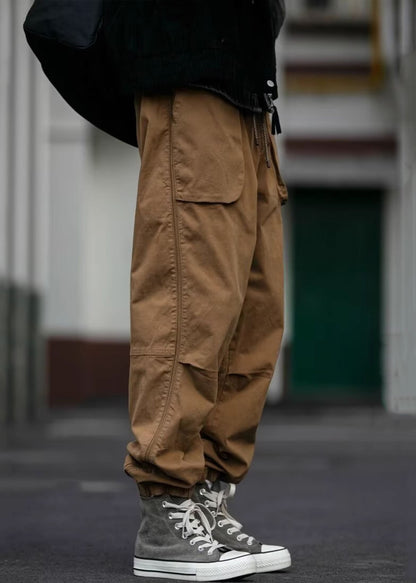 Cool Khaki Pockets Elastic Waist Cotton Beam Pants Spring