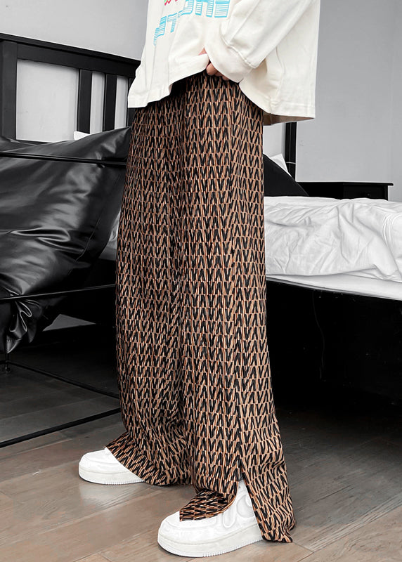 Cool Khaki Pockets Graphic Side Open Ice Silk Pants Summer