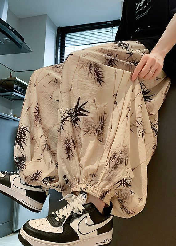 Cool Khaki Pockets Print Elastic Waist Silk Pants Summer