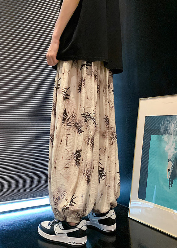 Cool Khaki Pockets Print Elastic Waist Silk Pants Summer