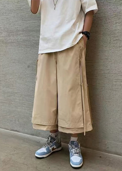 Cool Khaki Pockets Tassel Patchwork Fake Two Pieces Crop Pants
