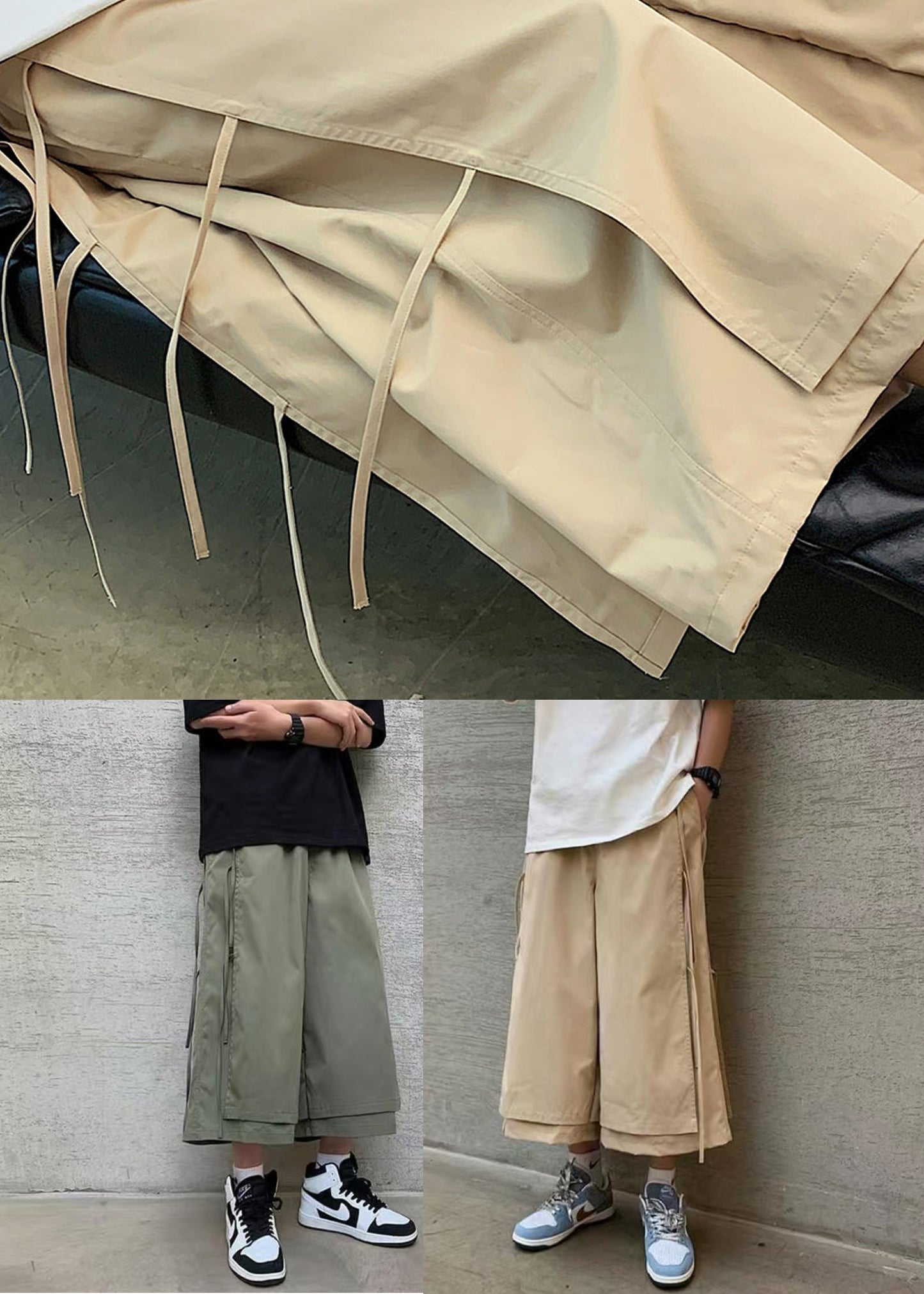 Cool Khaki Pockets Tassel Patchwork Fake Two Pieces Crop Pants