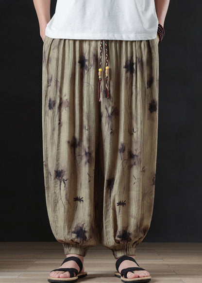 Cool Khaki Print Pockets Cotton Beam Pants Summer