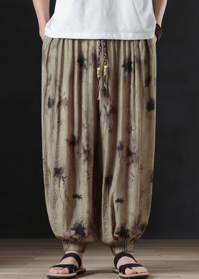 Cool Khaki Print Pockets Cotton Beam Pants Summer