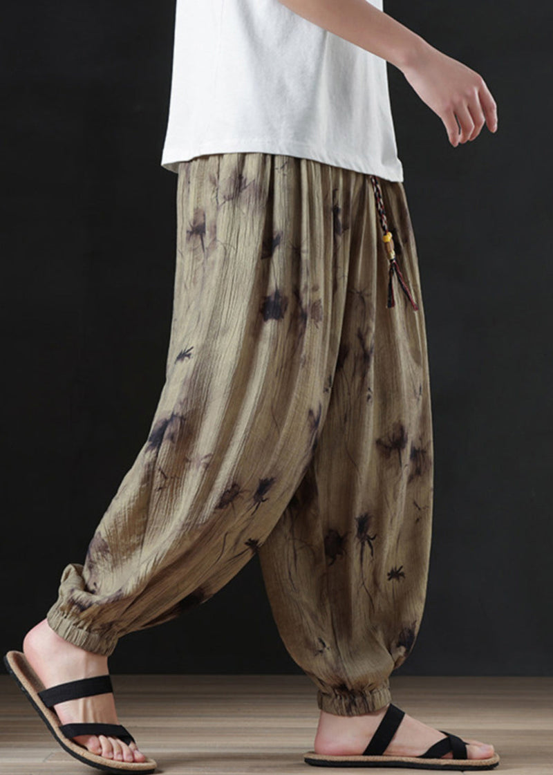 Cool Khaki Print Pockets Cotton Beam Pants Summer