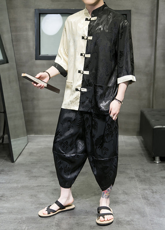Cool Khaki Stand Collar Patchwork Ice Silk Shirt and Crop Pants Two Pieces Set Summer