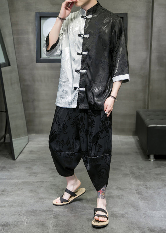 Cool Khaki Stand Collar Patchwork Ice Silk Shirt and Crop Pants Two Pieces Set Summer