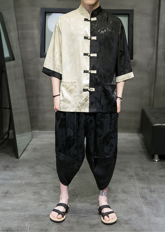 Cool Khaki Stand Collar Patchwork Ice Silk Shirt and Crop Pants Two Pieces Set Summer