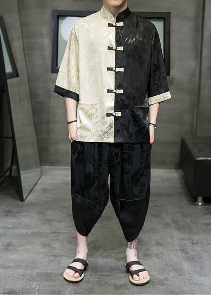 Cool Khaki Stand Collar Patchwork Ice Silk Shirt and Crop Pants Two Pieces Set Summer