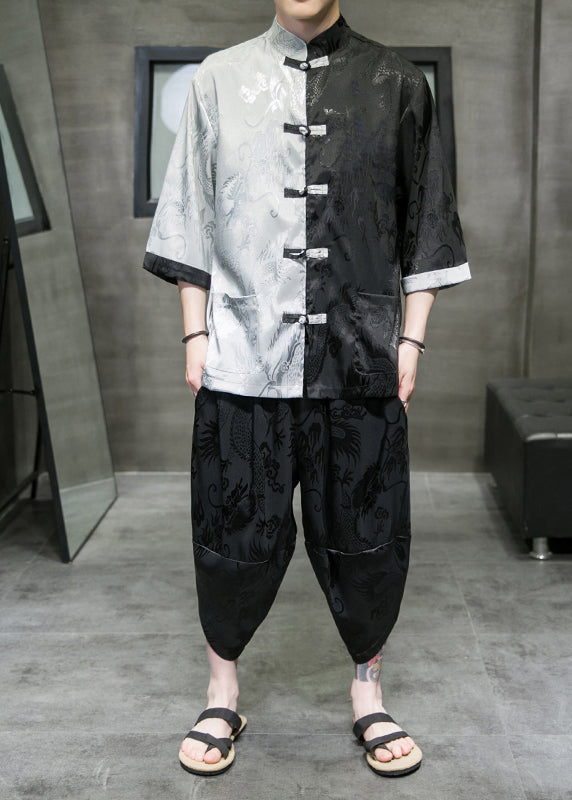 Cool Khaki Stand Collar Patchwork Ice Silk Shirt and Crop Pants Two Pieces Set Summer
