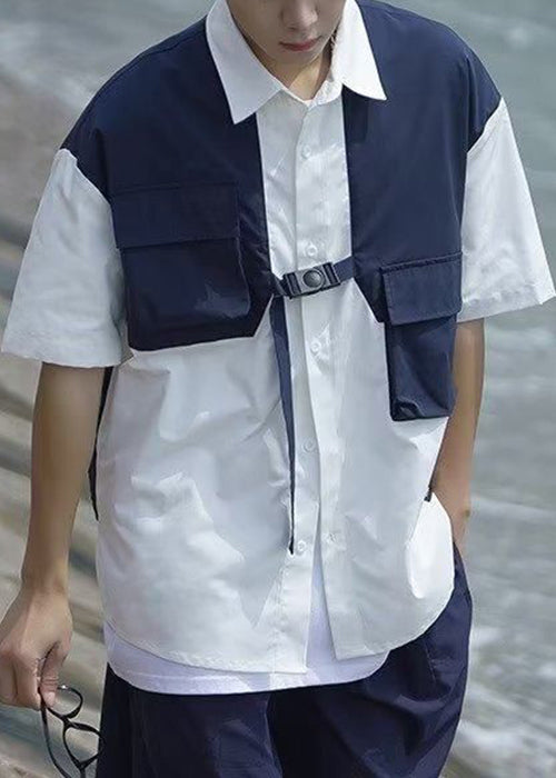 Cool Navy Button False Two Pieces Patchwork Cotton Shirts Summer