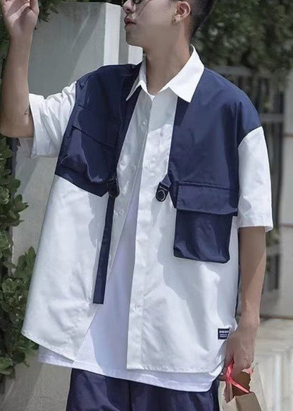 Cool Navy Button False Two Pieces Patchwork Cotton Shirts Summer