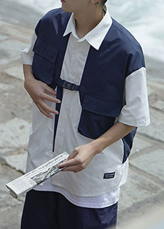 Cool Navy Button False Two Pieces Patchwork Cotton Shirts Summer