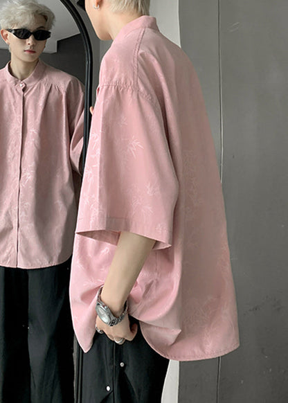 Cool Pink Button Print Ice Silk Shirts Half Sleeve