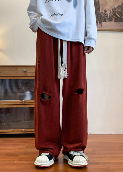 Cool Red Oversized Hollow Out Ripped Pants Long Spring