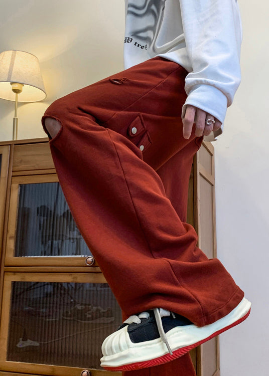 Cool Red Oversized Hollow Out Ripped Pants Long Spring