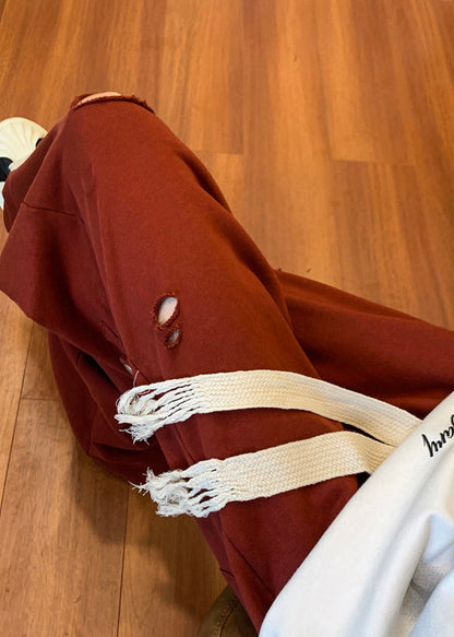 Cool Red Oversized Hollow Out Ripped Pants Long Spring