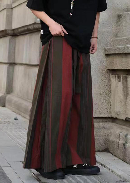 Cool Red Pockets Striped Linen Wide Leg Pants Summer