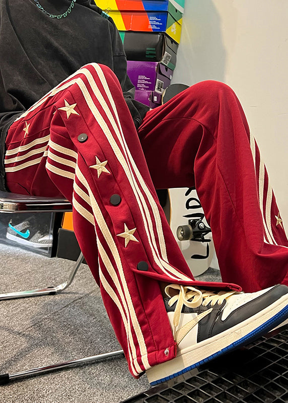 Cool Red Pockets Striped Side Open Cotton Pants Summer