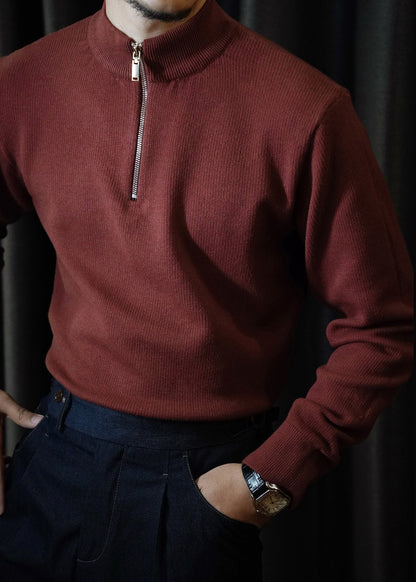 Cool Red Stand Collar Zip Up Knit Sweater Tops Winter