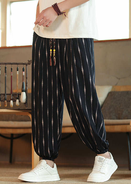 Cool Striped Pockets Elastic Waist Cotton Crop Pants Summer