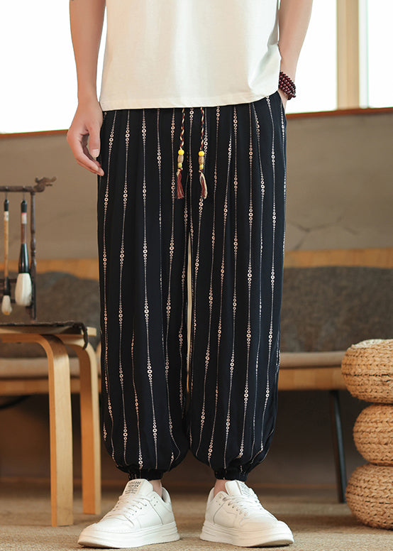 Cool Striped Pockets Elastic Waist Cotton Crop Pants Summer