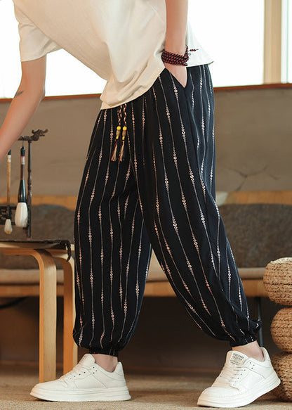 Cool Striped Pockets Elastic Waist Cotton Crop Pants Summer