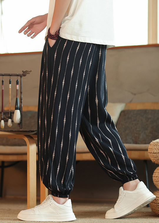 Cool Striped Pockets Elastic Waist Cotton Crop Pants Summer