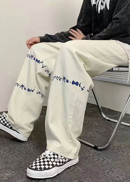 Cool White Oversized Print Denim Pants Bottoms Spring