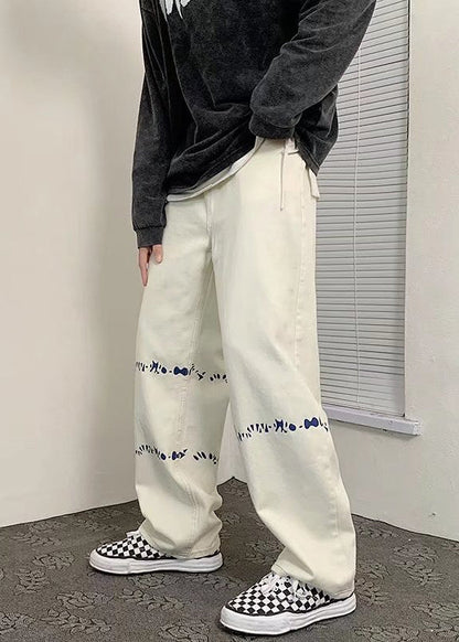 Cool White Oversized Print Denim Pants Bottoms Spring