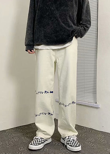 Cool White Oversized Print Denim Pants Bottoms Spring