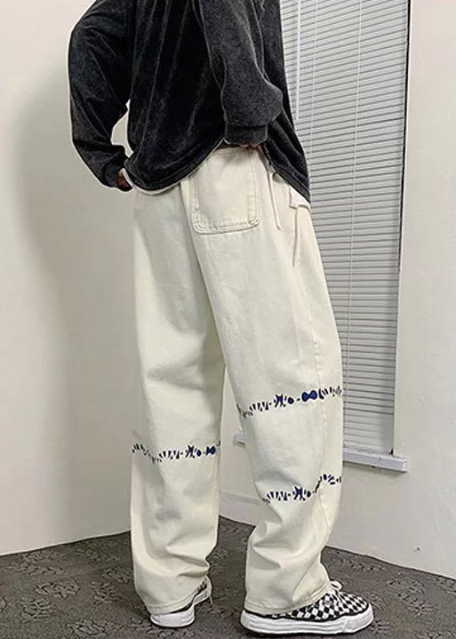 Cool White Oversized Print Denim Pants Bottoms Spring