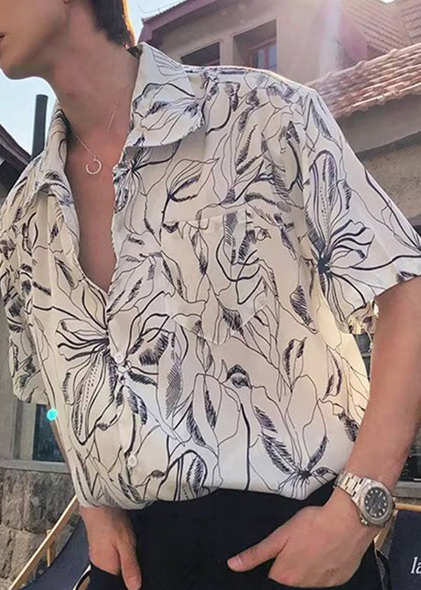 Cool White Peter Pan Collar Print Hawaiian Shirts Summer
