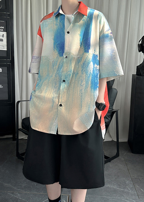 Cool White Peter Pan Collar Tie Dye Ice Silk Shirt Summer