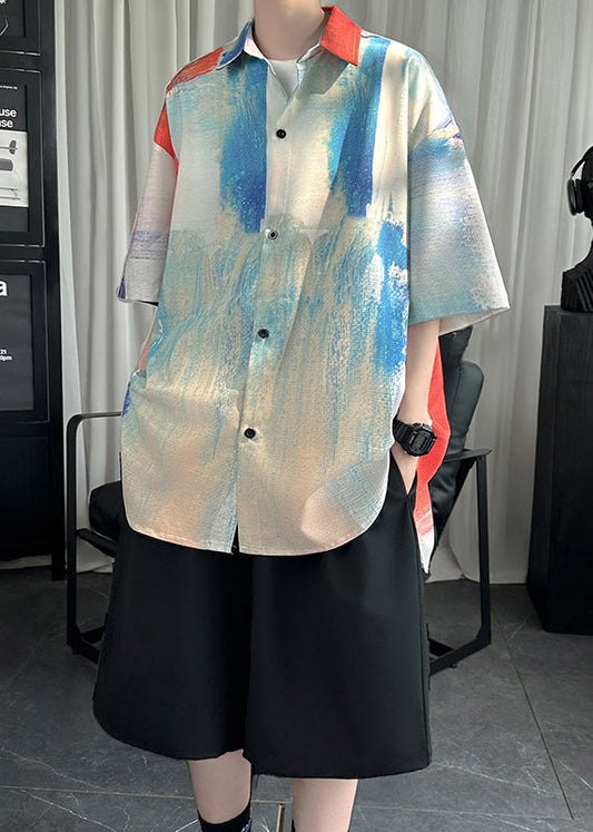 Cool White Peter Pan Collar Tie Dye Ice Silk Shirt Summer