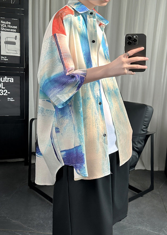Cool White Peter Pan Collar Tie Dye Ice Silk Shirt Summer